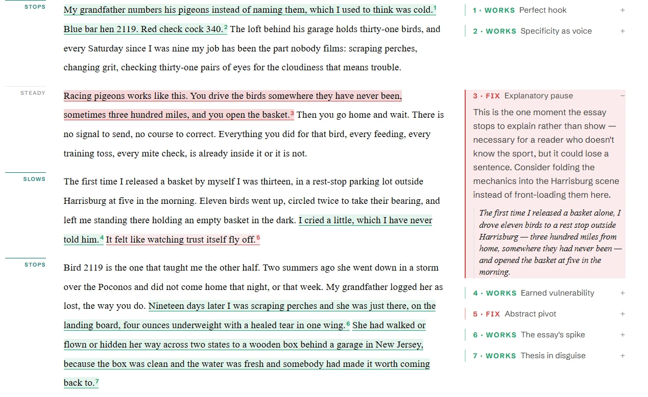 The essay with underlined sentences and numbered margin notes: two strengths on the hook, and the expanded fix on the explanatory pause, with the suggested fold-in written out beneath it.