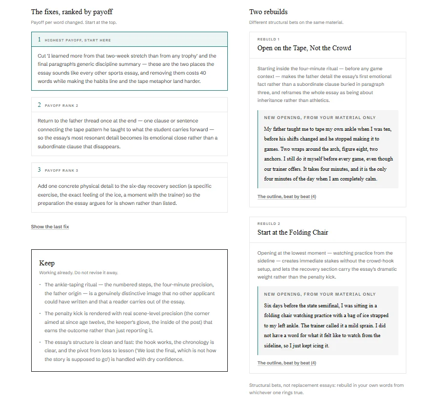 The revision plan: fixes ranked by payoff on the left, with a Keep panel listing what is already working, and two structural rebuilds on the right, each with a new opening written from the student's own material.